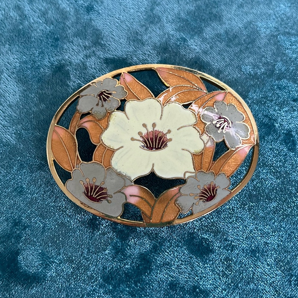 Vintage 1970s Cloisonné Floral Oval Belt Buckle